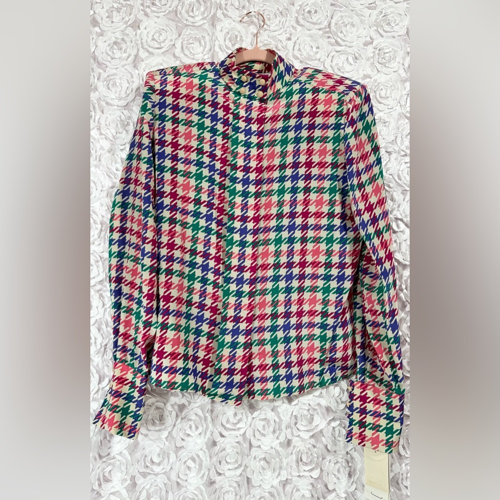 NWT Vintage Carlisle Multicolor 100% Silk Women’s Blouse Houndstooth Size 8